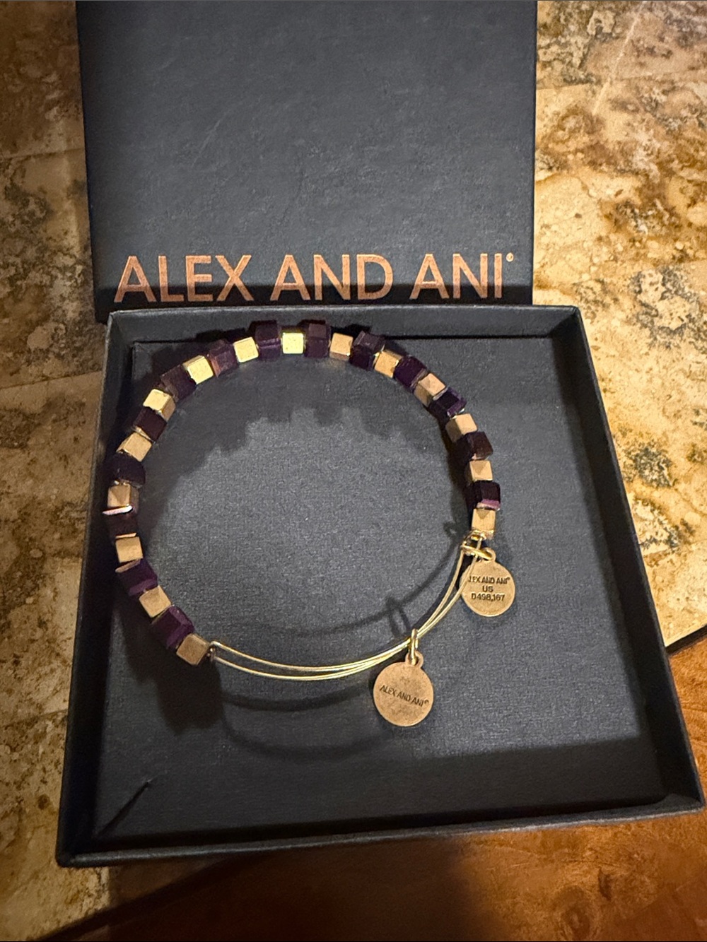 Alex and Ani Purple and Gold Cube Bead Expandable Bangle